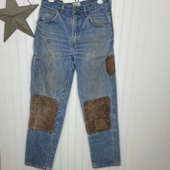 Jaque Dubois Blue Jeans with Brown Leather Patches Size 32 - Picture 1 of 16